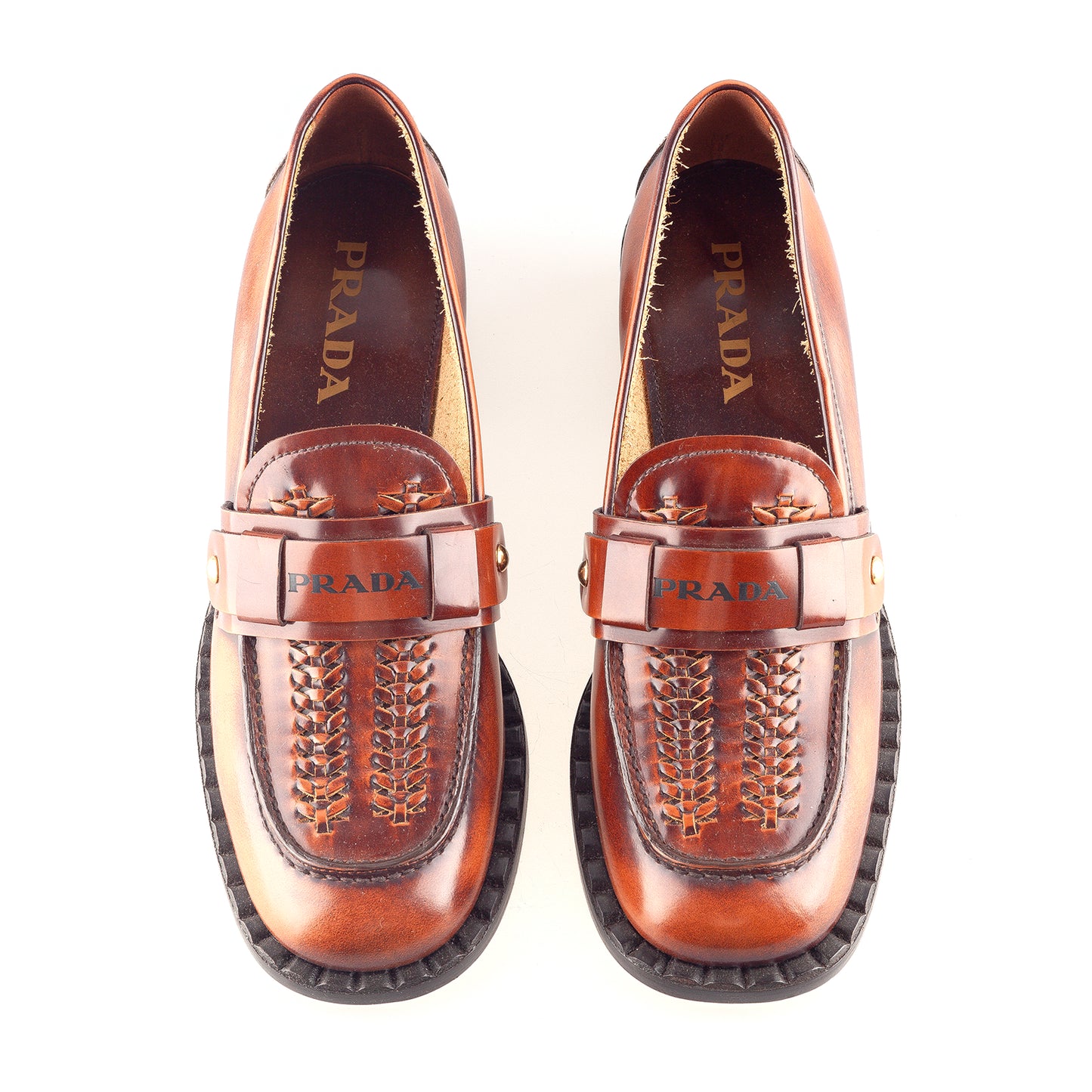 Prada S/S 2020 Ready To Wear Collection Brown Leather Vintage Loafers (38.5 EU)