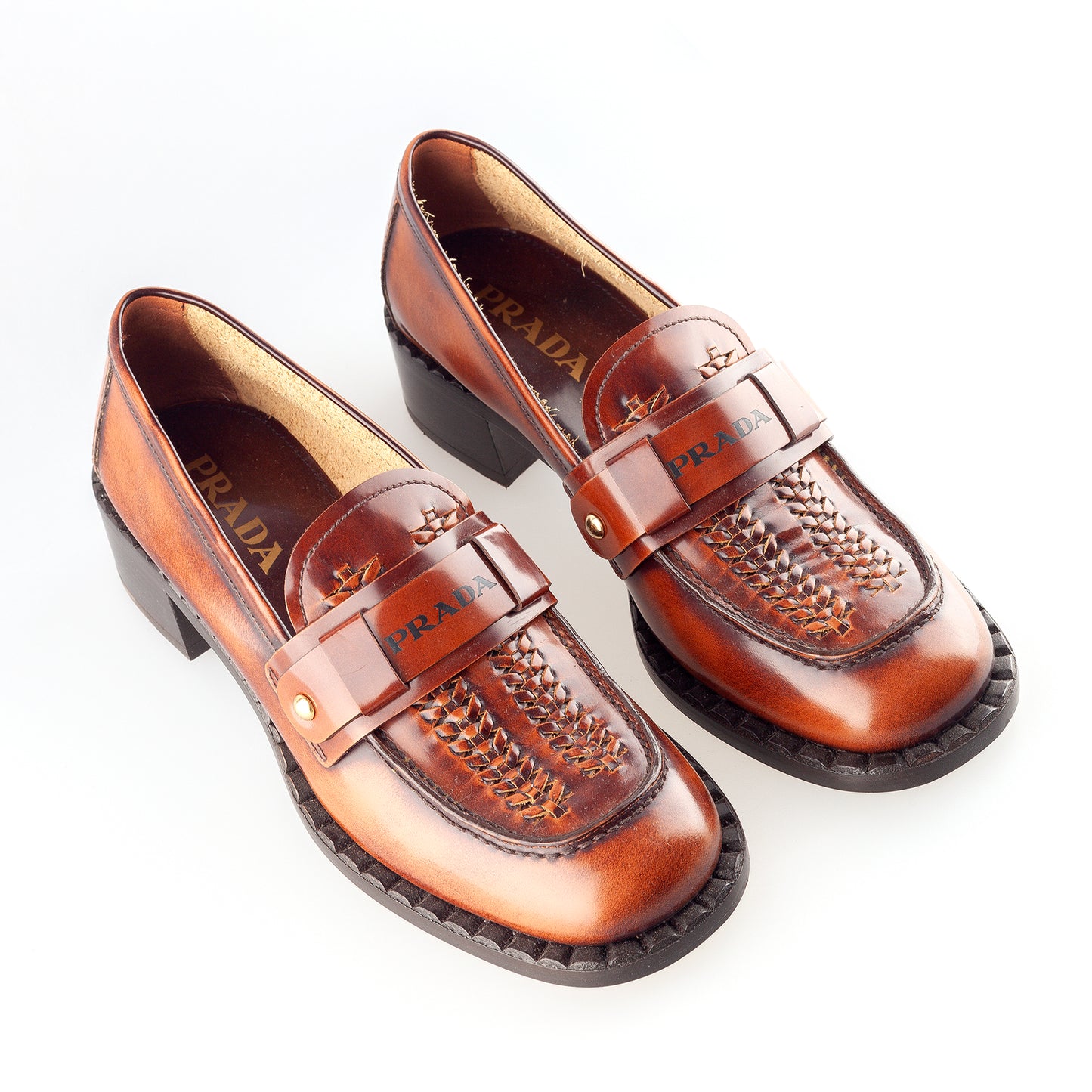 Prada S/S 2020 Ready To Wear Collection Brown Leather Vintage Loafers (38.5 EU)