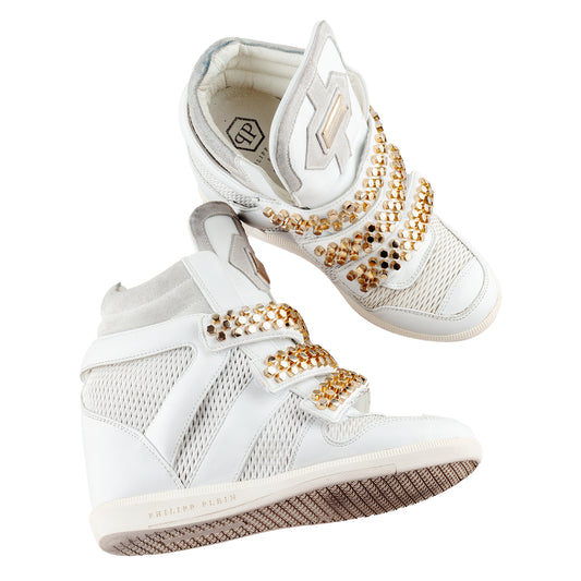 Philipp Plein White Wedge Studded Sneakers (36 IT/37 EU)