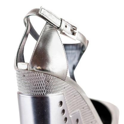 Prada 2014 Silver Industrial Wedge Chrome Sandal Shoes