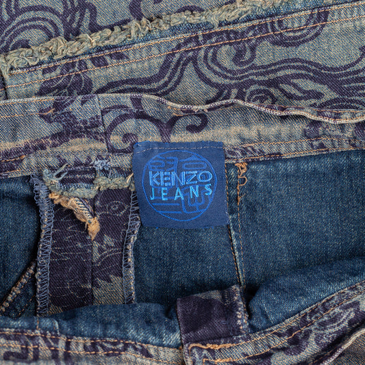 Kenzo Jungle Chinoiserie Oriental Vintage Denim Pencil Midi Skirt (XS)