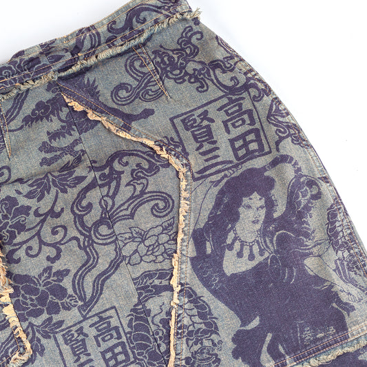 Kenzo Jungle Chinoiserie Oriental Vintage Denim Pencil Midi Skirt (XS)