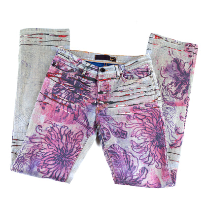 Just Cavalli Grey Scars Flowers Vintage Abstract Denim Jeans (XS)