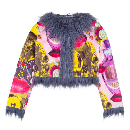Custo Barcelona Vintage Lip Print Faux Fur Crop Jacket  