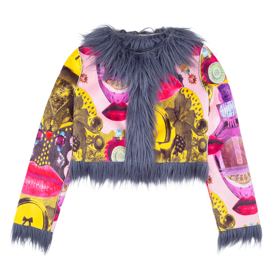 Custo Barcelona Vintage Lip Print Faux Fur Crop Jacket  