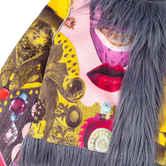 Custo Barcelona Vintage Lip Print Faux Fur Crop Jacket  