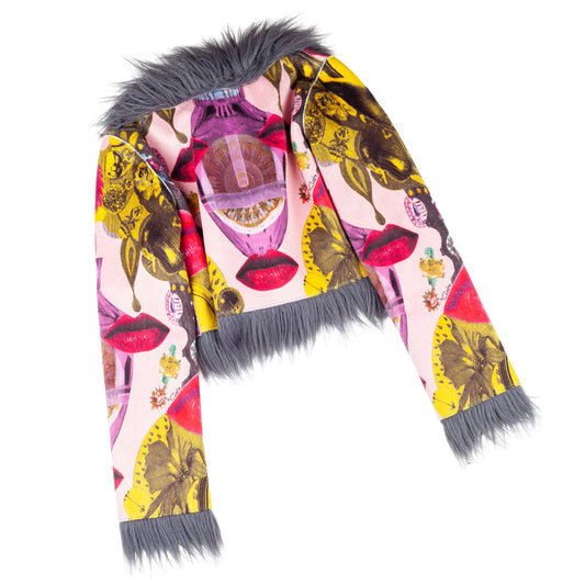 Custo Barcelona Vintage Lip Print Faux Fur Crop Jacket  