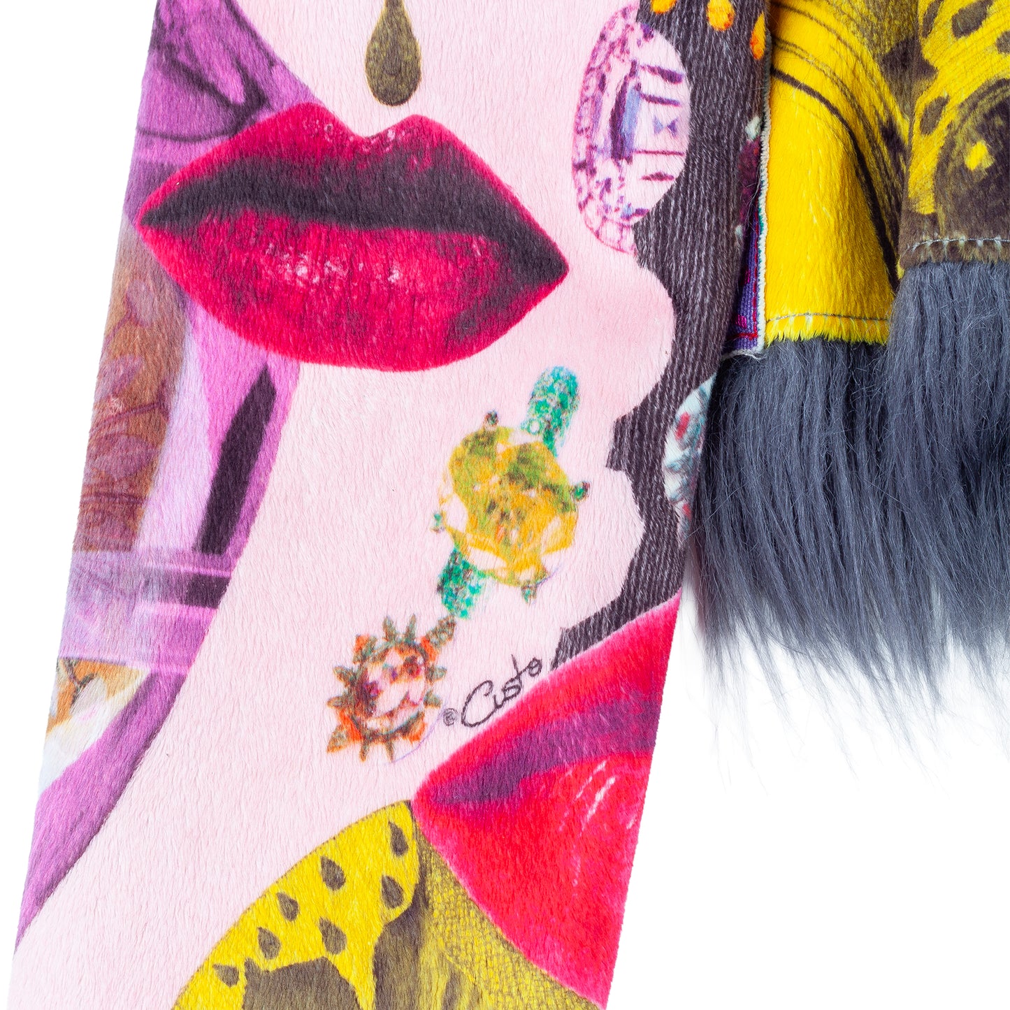 Custo Barcelona Vintage Lip Print Faux Fur Crop Jacket