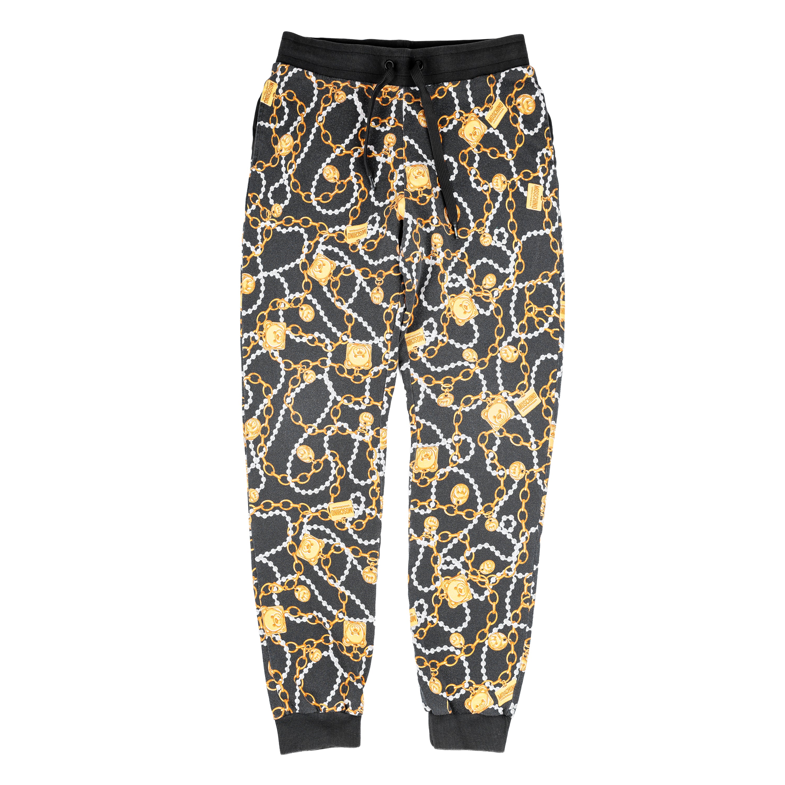 Moschino Black Jogger Pants Featuring Bear Graphic and Chain Details