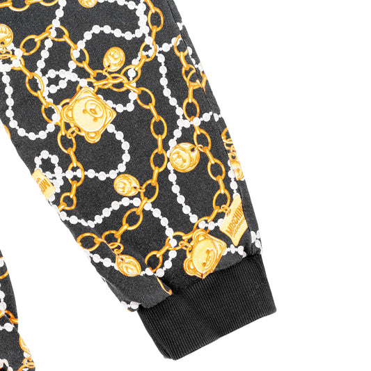 Moschino Black Jogger Pants Featuring Bear Graphic and Chain Details  