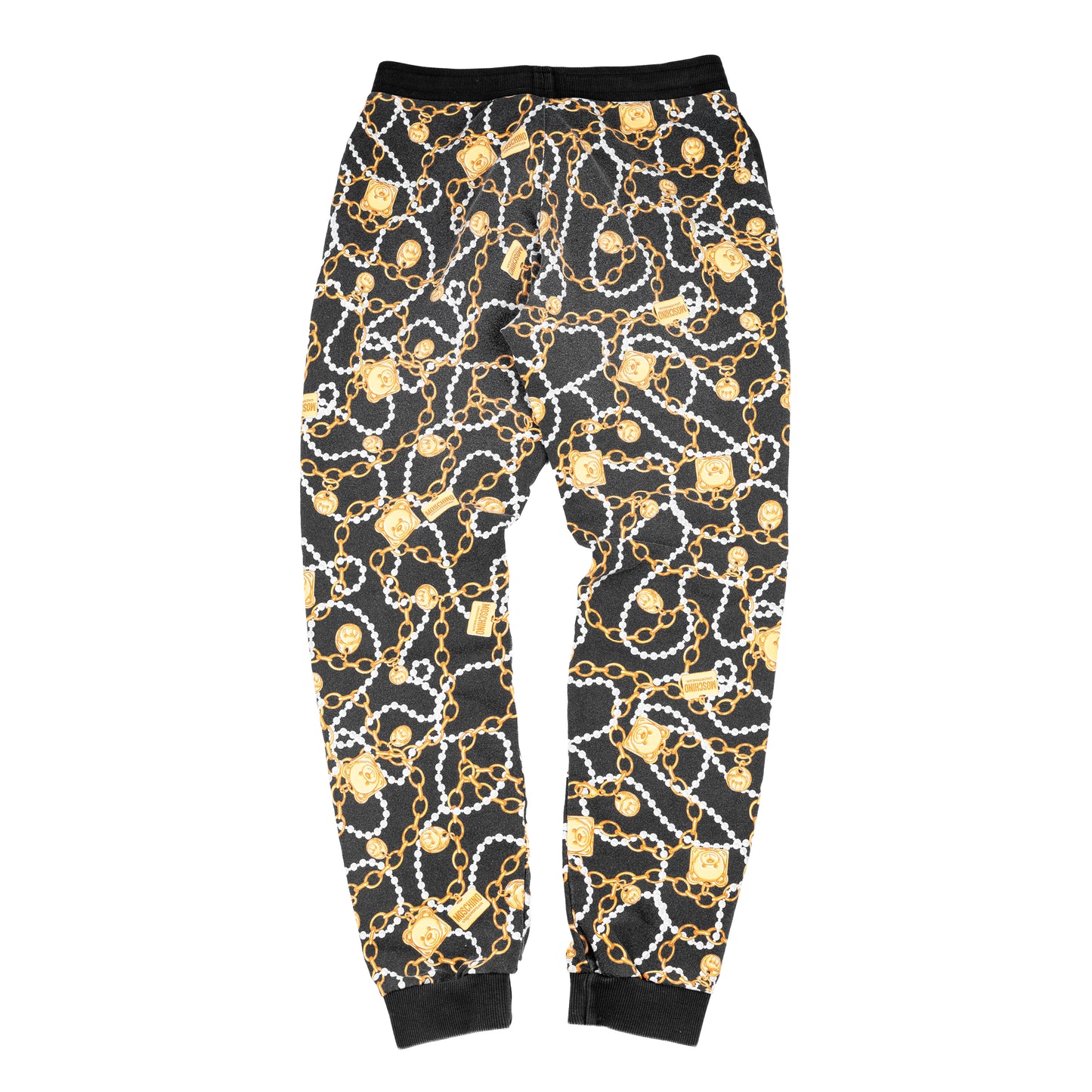Moschino Black Jogger Pants Featuring Bear Graphic and Chain Details
