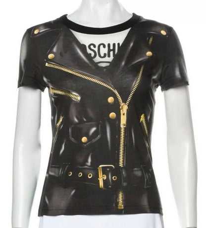 Moschino Couture Black Leather Jacket Print Top  