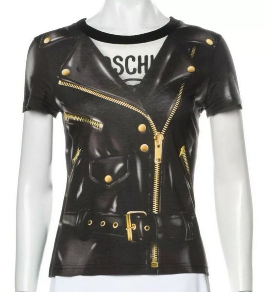 Moschino Couture Black Leather Jacket Print Top