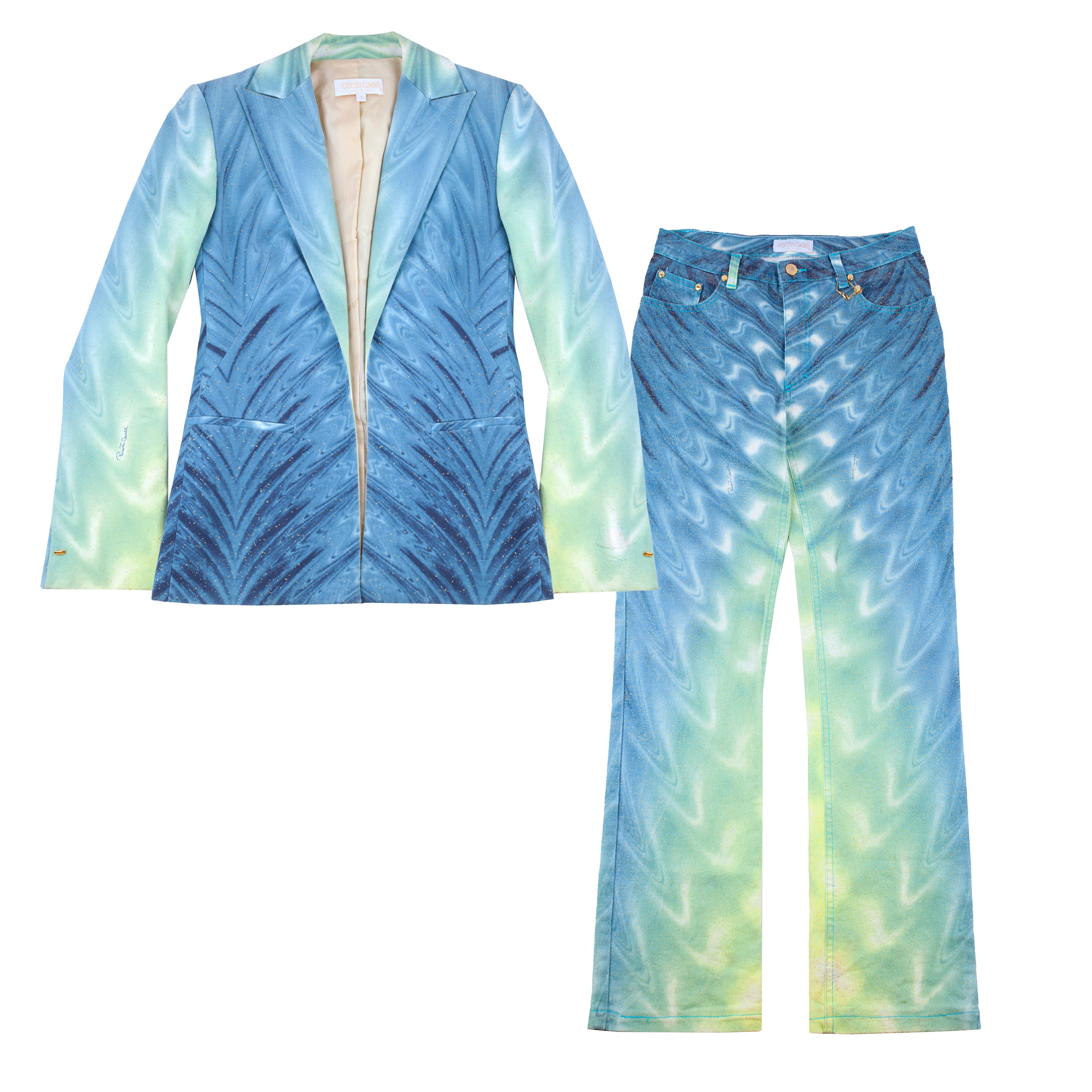 Roberto Cavalli SS 2001 Psychedelic Blue/Green Jacket & Pants Full Set (S)