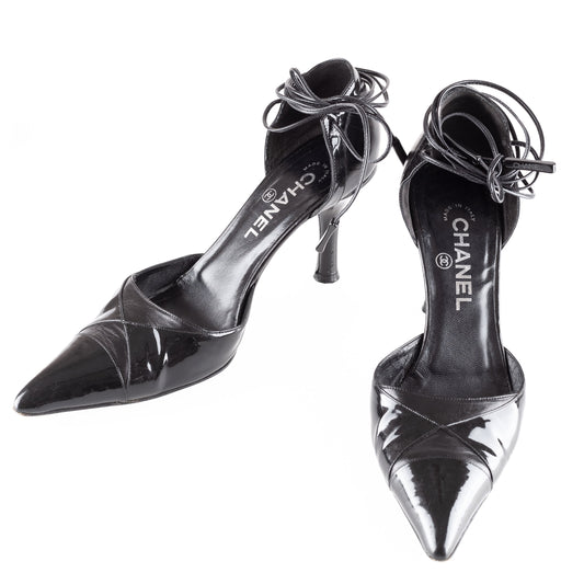 Chanel Black Leather Pointed Toe Lace Up Heels