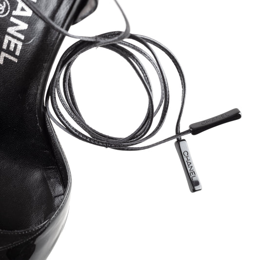 Chanel Black Leather Pointed Toe Lace Up Heels
