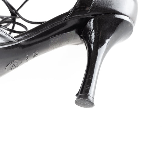 Chanel Black Leather Pointed Toe Lace Up Heels