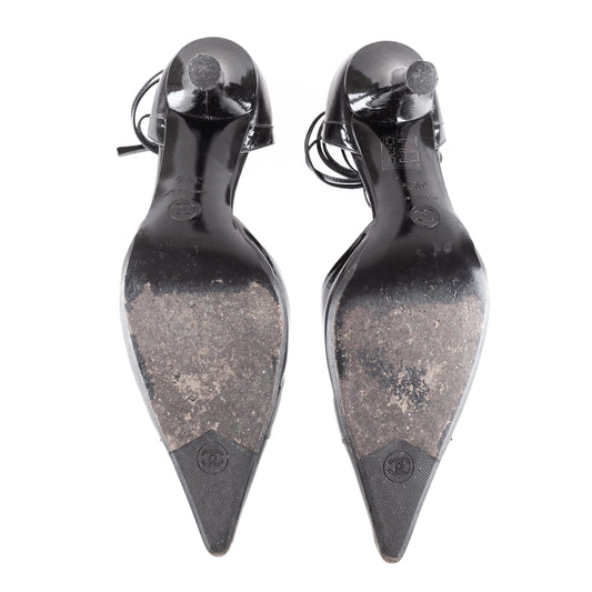 Chanel Black Leather Pointed Toe Lace Up Heels