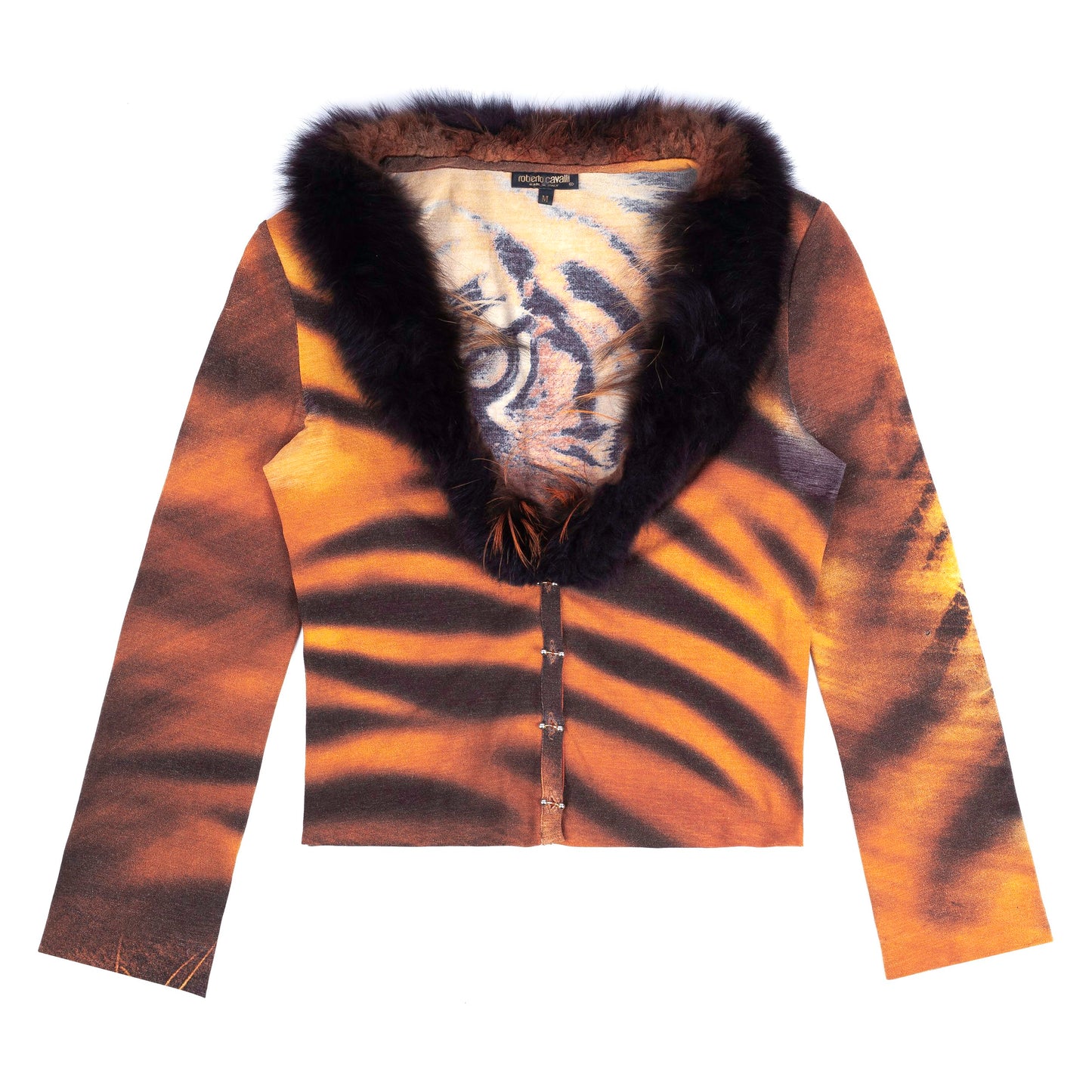 Roberto Cavalli 2000 Tiger Knit Cardigan Top With Faux Fur.