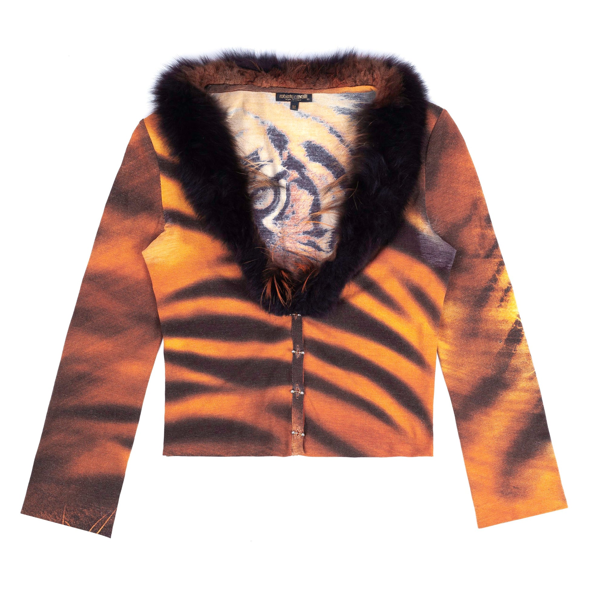 Roberto Cavalli 2000 Tiger Knit Cardigan Top With Faux Fur.