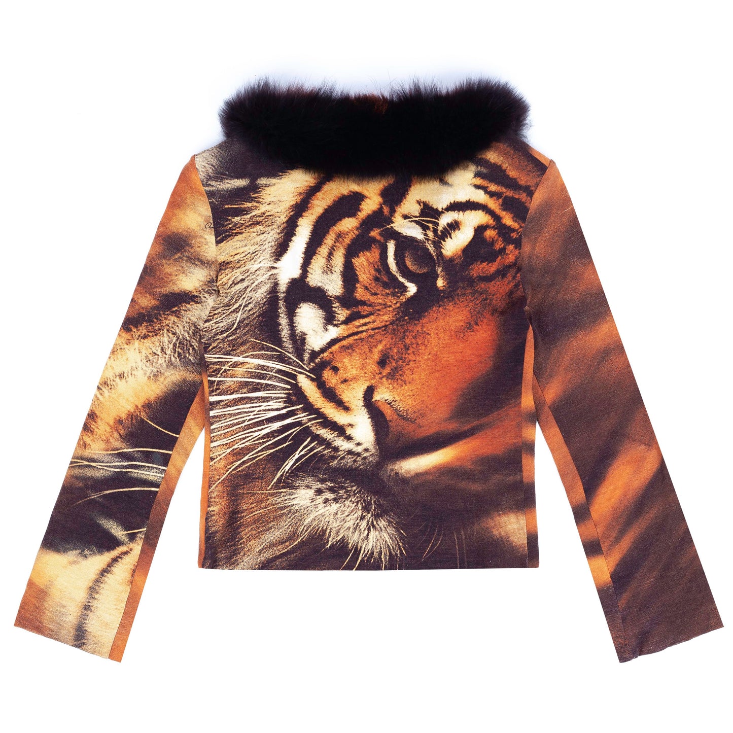 Roberto Cavalli 2000 Tiger Knit Cardigan Top With Faux Fur.